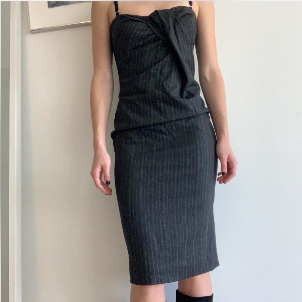 D&G Grey Pinstripe Gabardine Draped Detail Strapless Mini Dress size S-XS